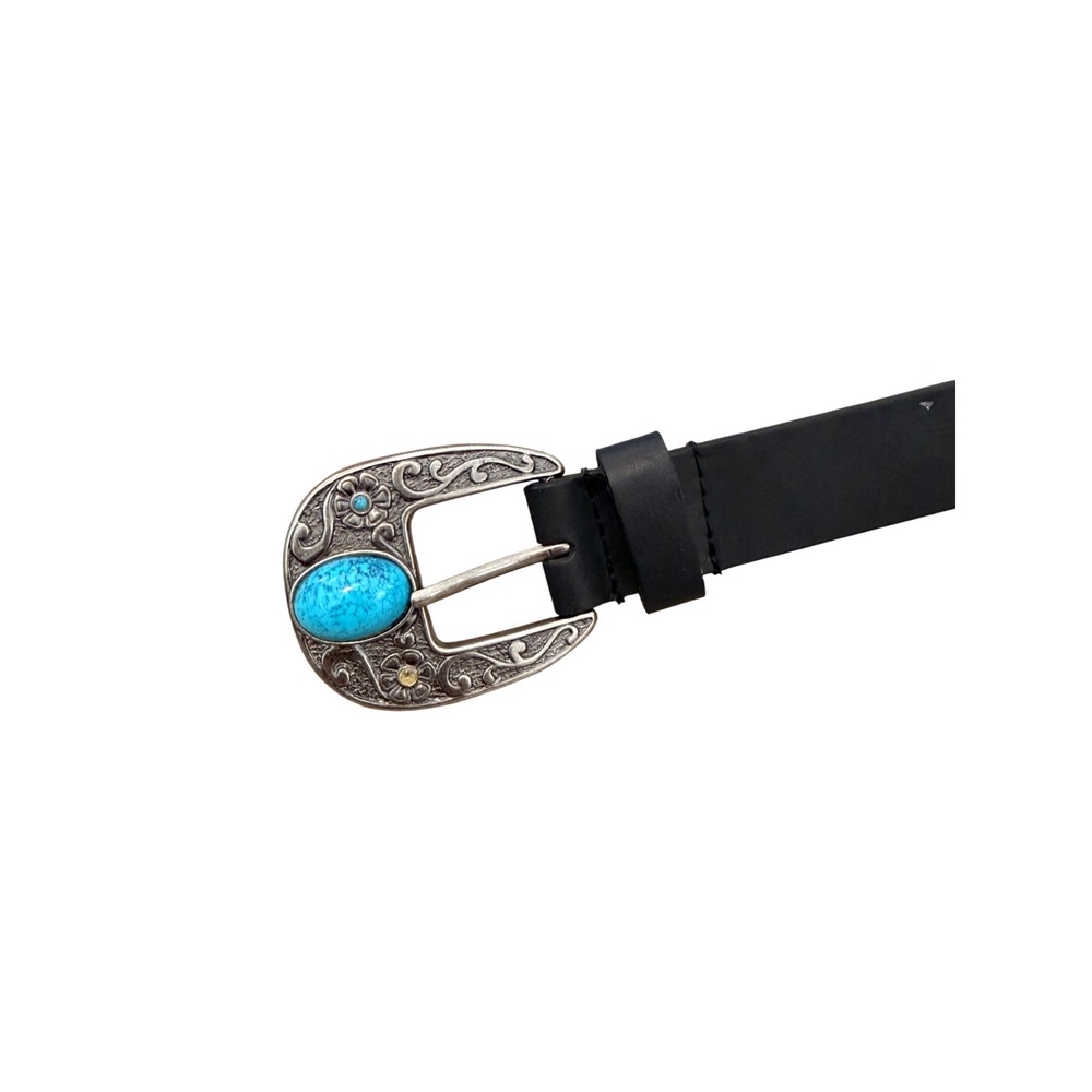 Sonoma Black Leather Western Belt Turquoise Stone Silver Floral Buckle Large 40"